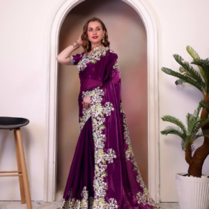 Women's Georgette Embroidered Saree – Heavy Stone Work Party - Wear Sari with Matching Blouse – Fancy Ethnic Outfit for Wedding & Festival