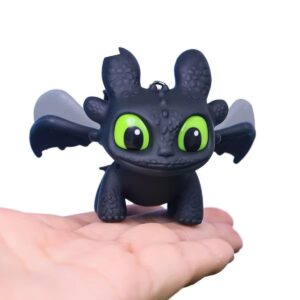 Dragon Keychain Toy with Moving Wings and Light, On Off Switch, Black Color (Night Fury)