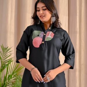 Rayon Slab Kurti with Colorful Embroidered Circles, 3/4 Sleeves, Collar Neck, Knee Length Kurti Pent Set for Women