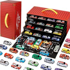 Toy Cars for Kids, 48 Pull Back Race Cars Toys, Container Storage Box, Die Cast Metal Tay Car Set, Racing Pattern, Race Car Party Favors, Small Caar for Boys Girls Toddlers 3-8 Years Old.(D)